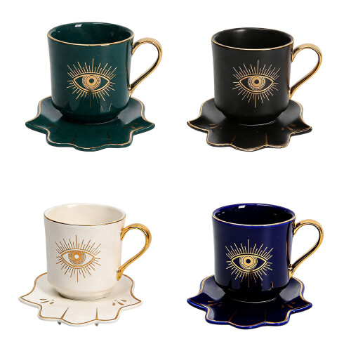 Turkish Evils Eye Ceramic Cup and Saucer Set for Tea-Black 1