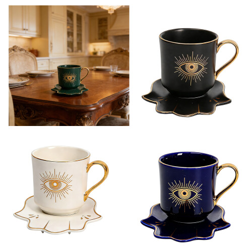Turkish Evils Eye Ceramic Cup and Saucer Set for Tea-Black 2
