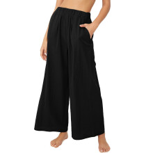 Women's cotton-linen trousers, wide-leg trousers with-Black L
