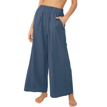 Women's cotton-linen trousers, wide-leg trousers with-Blue L