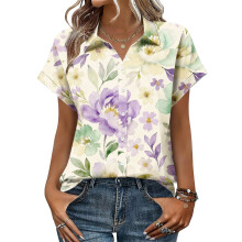 Women's V-neck short-sleeved shirt, casual-Purple XXL