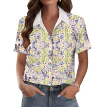 Women's V-neck short-sleeved shirt, casual-Purple M