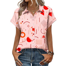 Women's V-neck short-sleeved shirt, casual positional-Pink XL