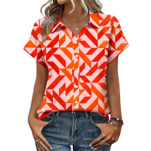 Women's V-neck short-sleeved shirt, casual positional-Orange L
