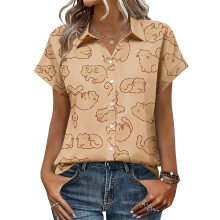 Women's V-neck short-sleeved shirt, casual positional-Khaki M