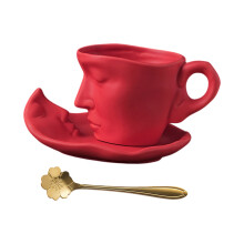 Coffee Mug and Saucer Set with Spoon Ceramic Abstract-Red