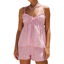 (L, Pink) Women's Striped Pajama Sets Summer Spaghetti Strap Backless Cami Tops with Shorts Soft Sleepwear