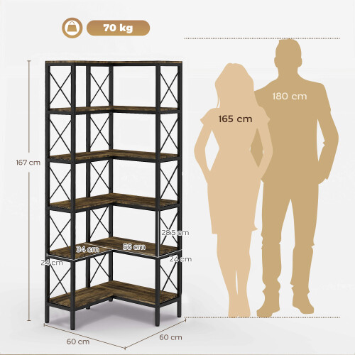 Homcom HOMCOM L-Shaped Bookshelf, 5-Tier Bookcase with Metal Frame, Rustic Brown 1