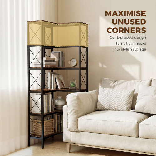 Homcom HOMCOM L-Shaped Bookshelf, 5-Tier Bookcase with Metal Frame, Rustic Brown 2