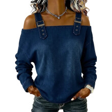 Women's Long Sleeve Blouse With Cowboy Style-Navy Blue M