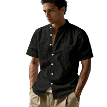 Mens Short Sleeve Button Down Shirt Breathable Fabric-Black XL