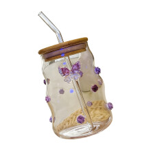 Handcrafted Colorful Butterfly Pattern Glass Cup-Purple