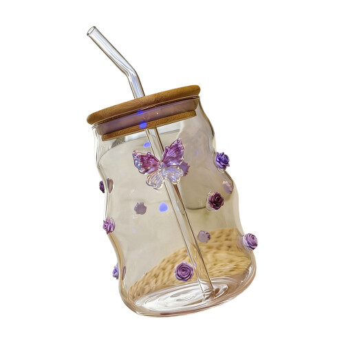 Handcrafted Colorful Butterfly Pattern Glass Cup-Purple