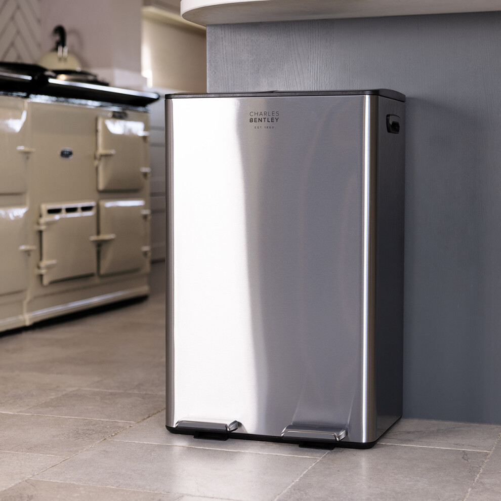 Charles Bentley Kitchen Bin, 60 Litre, Double Compartment, Kitchen Bin, Stainless Steel, Rubbish Bin, Bins For Kitchen, Waste Bin, Pedal Bin, Double