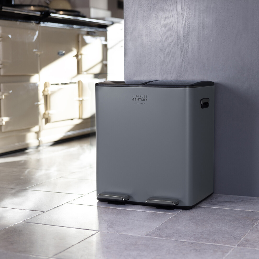 Charles Bentley Kitchen Bin, 30 Litre, Double Compartment, Kitchen Bin, Rubbish Bin, Waste Bin, Pedal Bin, Double Bin, Recycling Bins For Grey