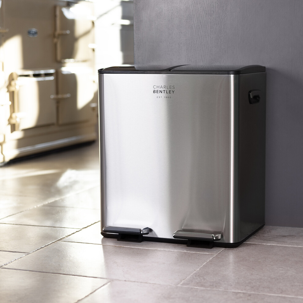 Charles Bentley 30L Double Compartment Kitchen Bin Stainless Steel Rubbish Bin Bins For Kitchen Waste Bin Pedal Bin Double Bin Pedal Bins For Kitchen