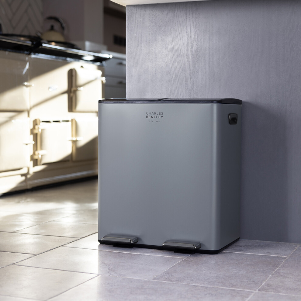 Charles Bentley Kitchen Bin, 40 Litre, Double Compartment, Kitchen Bin, Rubbish Bin, Waste Bin, Pedal Bin, Double Bin, Recycling Bins For Grey