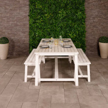 CHARLES BENTLEY FSC 100% Acacia White Wooden Bench Dining Set, 4-6 Seater, Large Table, Two Benches, Outdoor, Garden, Furniture, Modern Design,