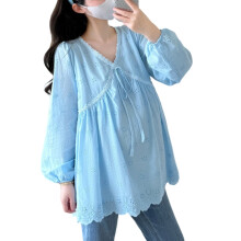 Stylish V Neck Pregnancy Blouse Lace Embroidered-Blue XXL
