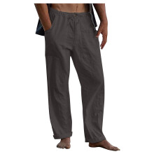 Mens Linen Pants Elastic Waist Drawstring Loose-Dark Grey XXL