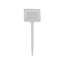 Due etichette interne in plastica bianca per la vendita di piante da giardino.