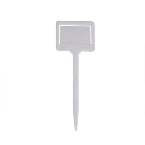Two white plastic insert tags for selling garden plants.