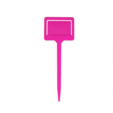 Due etichette interne in plastica rosa per la vendita di piante da giardino.