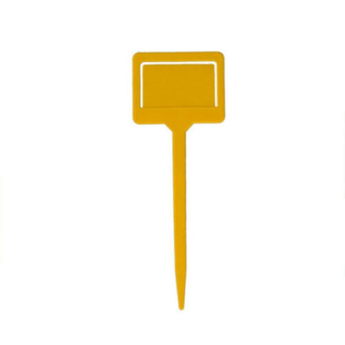 Two yellow plastic insert tags for selling garden plants. 1