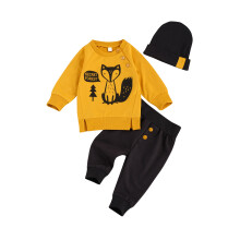(18-24 Months, Navy Blue) Children Long Sleeves Long Pants Suit, Newborn Boys Fox Printed Clothes Set, Autumn Round Collar Outfits with Hat