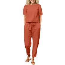 Women's Linen Sets Two Piece Outfits Short Sleeve Crop-Red S