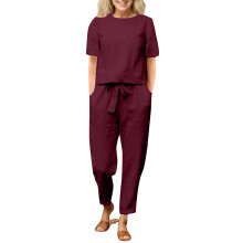 Women's Linen Sets Two Piece Outfits Short Sleeve-Burgundy L