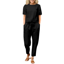 Women's Linen Sets Two Piece Outfits Short Sleeve Crop-Black XL