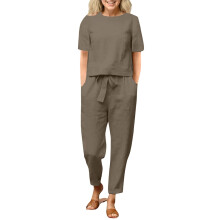 Women's Linen Sets Two Piece Outfits Short Sleeve-dark khaki L