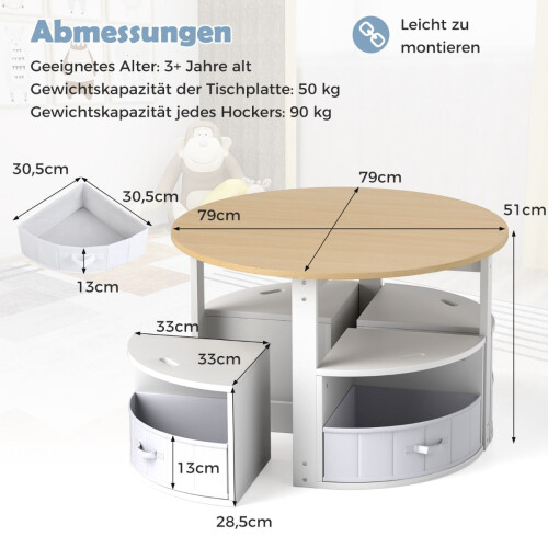 Children's Round Table Set with 4 Storage Stools, Wood 2