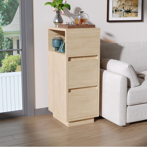 Living And Home Minimalist Bedside Table with Drawers, Wood Color 1