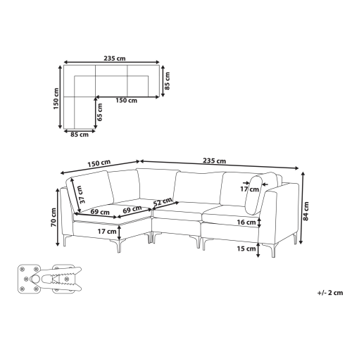 Beliani Modular Corner Sofa 4 Seater EVJA Right Hand Grey Velvet 2