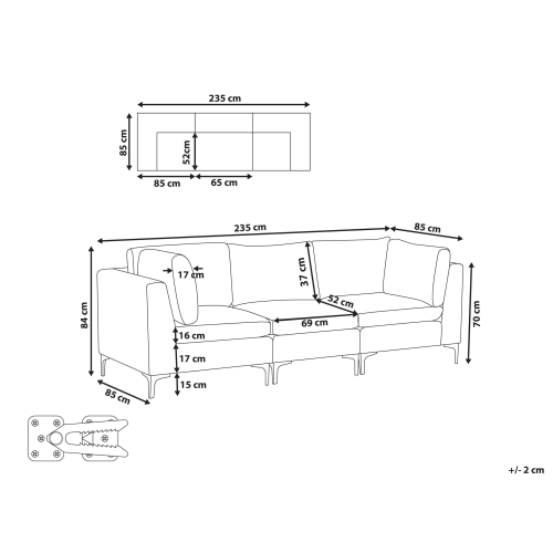 Beliani Modular Sofa 3 Seater EVJA Grey Velvet 2