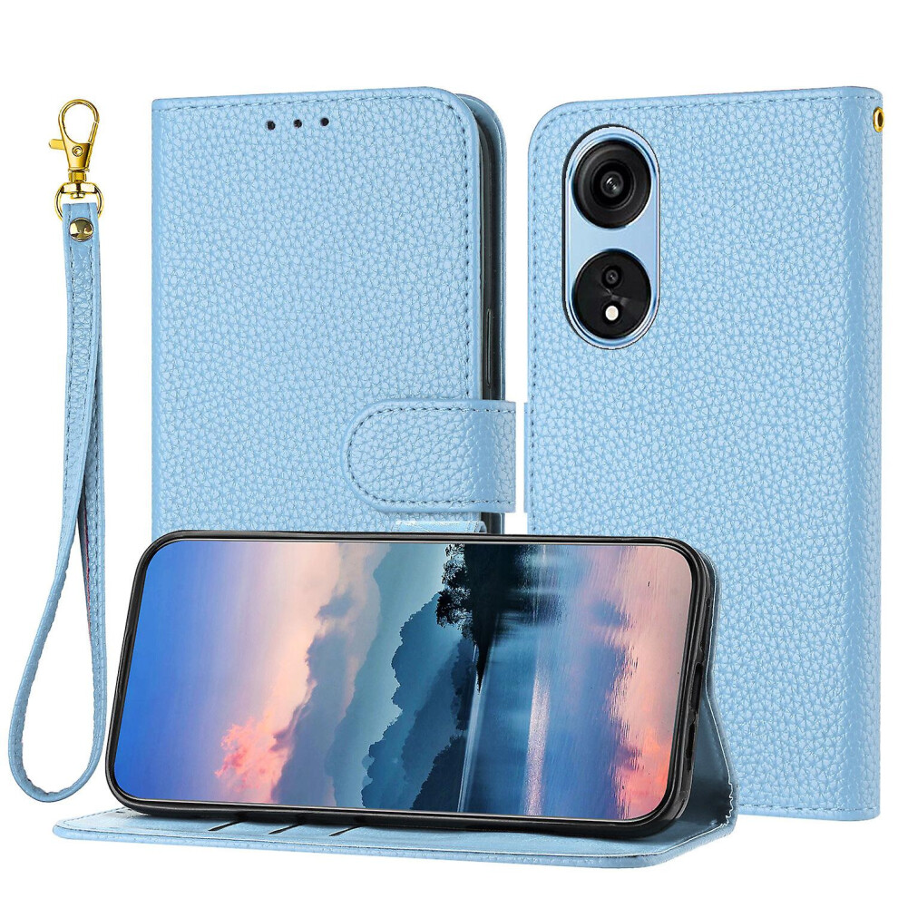 Compatible Oppo A17 4G/ A17k Case, Litchi Pu Leather Folio Cover Magnetic Closure Flip Wallet Card Slots Stand Case With Hand Strap,: Grain/Brown/Blue 6132027144253