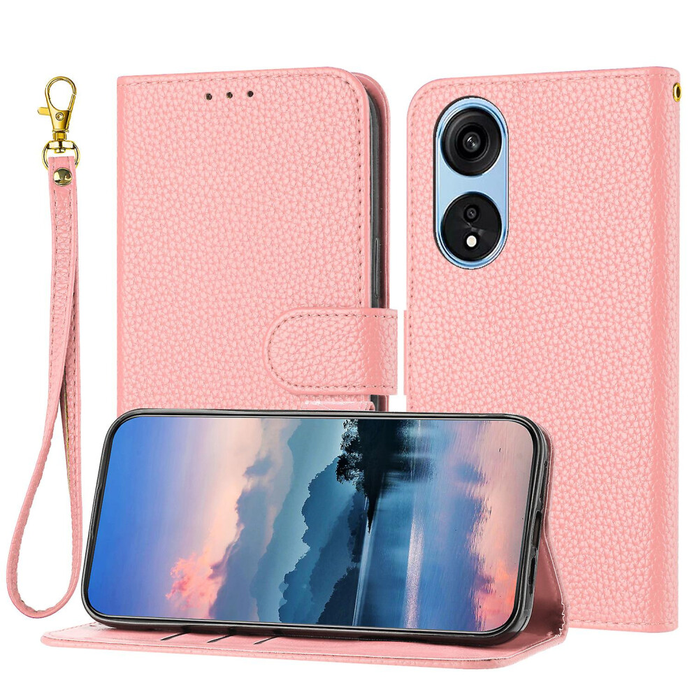 Compatible Oppo A17 4G/ A17k Case, Litchi Pu Leather Folio Cover Magnetic Closure Flip Wallet Card Slots Stand Case With Hand Strap,: Grain/Brown/Pink 5421786257986