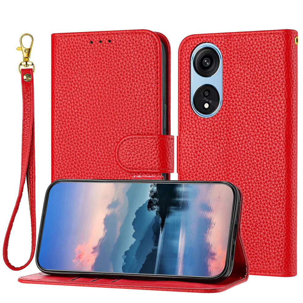 Compatible Oppo A17 4G/ A17k Case, Litchi Pu Leather Folio Cover Magnetic Closure Flip Wallet Card Slots Stand Case With Hand Strap,: Grain/Brown/Red 5207287341467