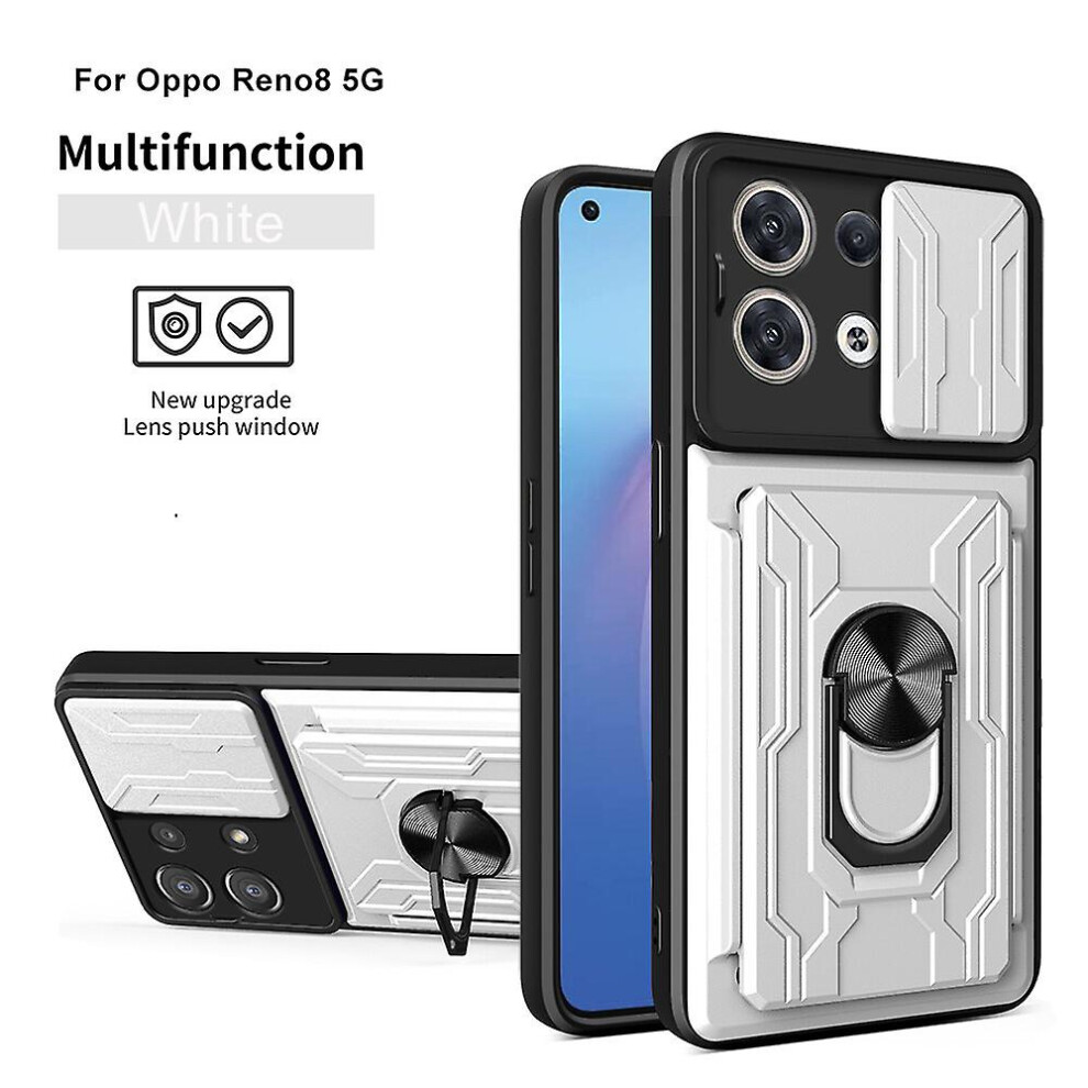 Magnetic Phone Case Compatible Oppo Reno 8 5G Slide Camera Lens Protection And Built In 360 Rotatable Ring Holder: White 8375701226533