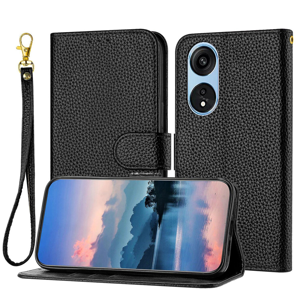 Compatible Oppo A17 4G/ A17k Case, Litchi Pu Leather Folio Cover Magnetic Closure Flip Wallet Card Slots Stand Case With Hand Strap,: Grain/Brown/Black 6132027144246