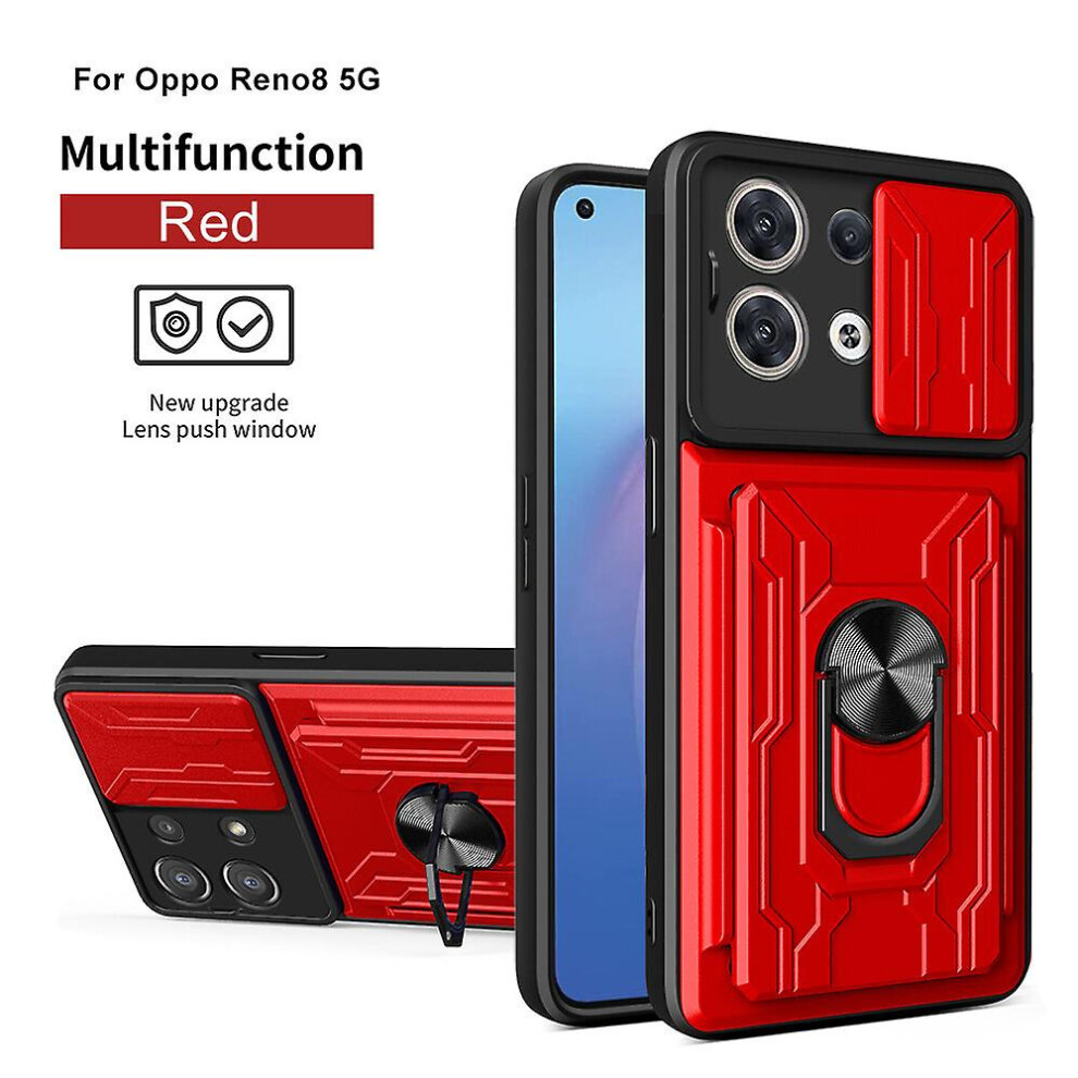 Magnetic Phone Case Compatible Oppo Reno 8 5G Slide Camera Lens Protection And Built In 360 Rotatable Ring Holder: Red 8375701226519