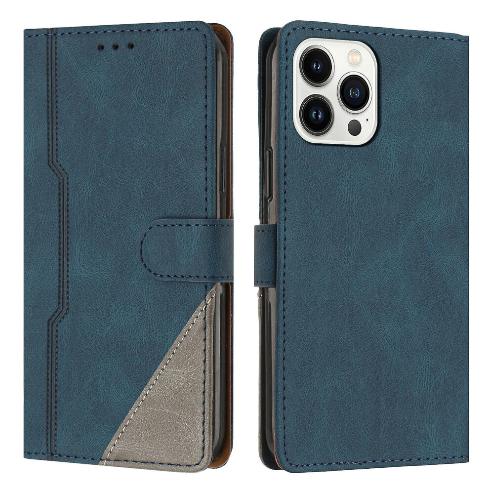 Leather Magnetic Clasp Case With Flip Wallet Stand Function Cover Compatible Iphone14 Pro: Blue 8375701226724
