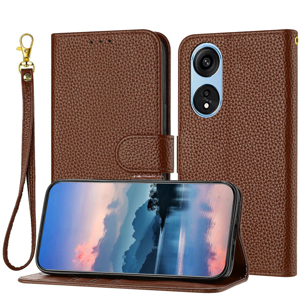 Compatible Oppo A17 4G/ A17k Case, Litchi Pu Leather Folio Cover Magnetic Closure Flip Wallet Card Slots Stand Case With Hand Strap,Brown: Grain/Brown 6132027144260
