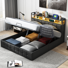 Bett mit Stauraum 160 x 200 cm – LED & USB-Anschluss – Kopfteil mit praktischen Staufächern – Schwarzes PU-Leder