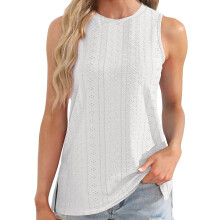 Eyelet Top Women Color Loose Fit Crewneck Sleeveless-White L