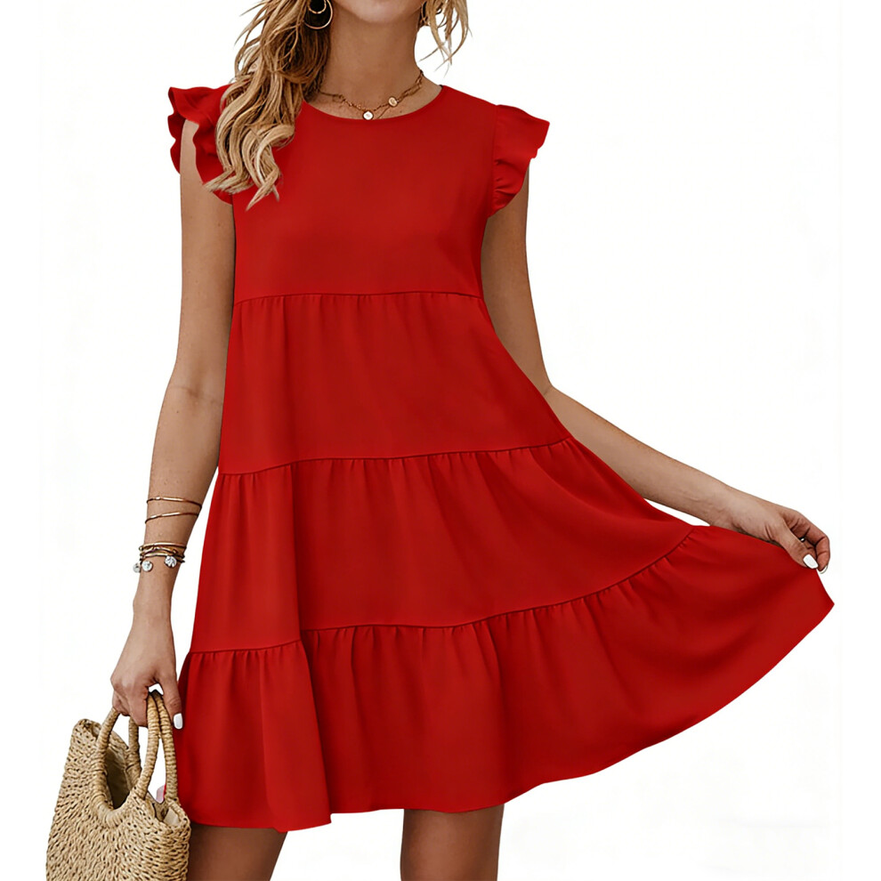 Red Women's Dresses Sleeveless Ruffle Sleeve Round Neck Loose- M