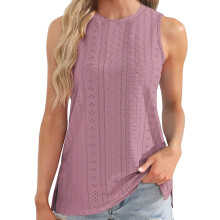 Eyelet Top Women Color Loose Fit Crewneck Sleeveless-Pink M