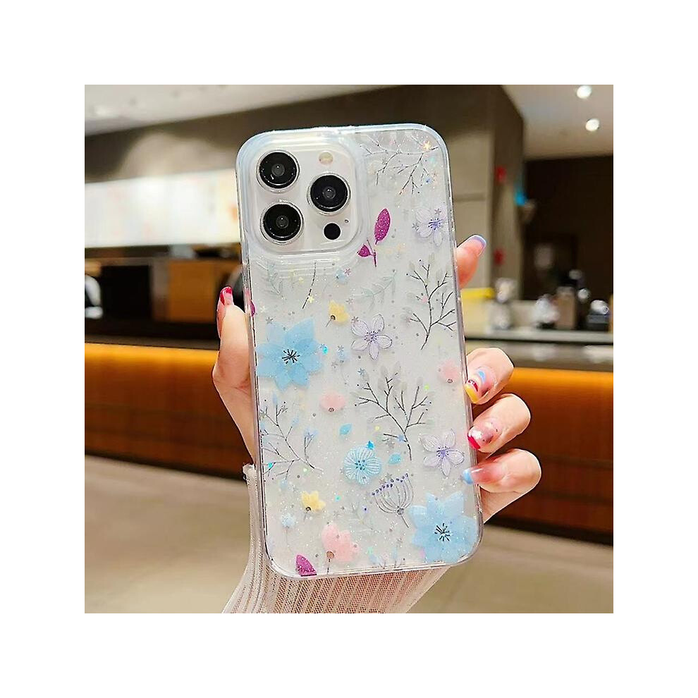 Compatible Iphone 11 Pro Max Fresh Small Floral Phone Case Drop Glue Protective Cover: Floral Blue 7845409365311